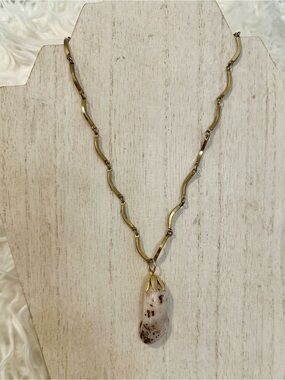 Gold Tone Chain Necklace with Speckled White Stone Pendant